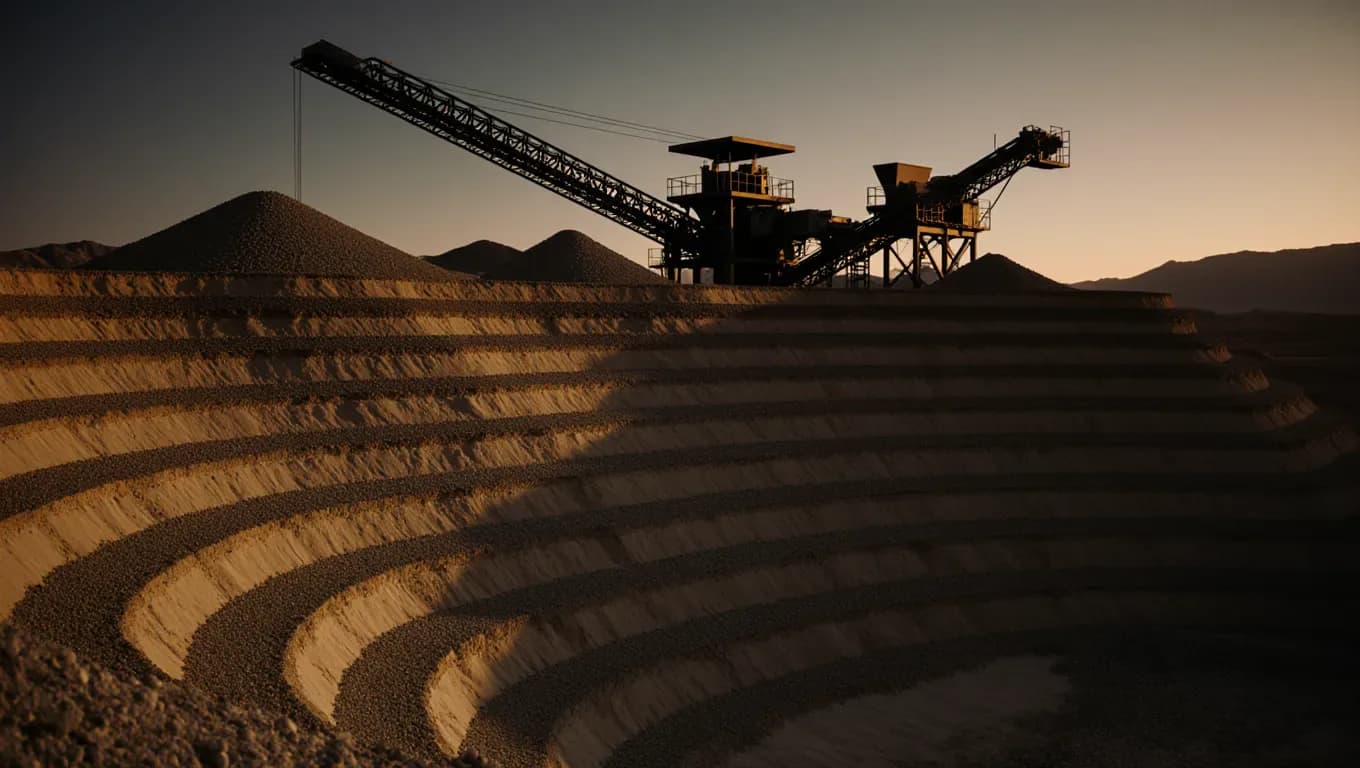 Terraced cuts of layered rock at a Southern Nevada aggregate quarry at dawn