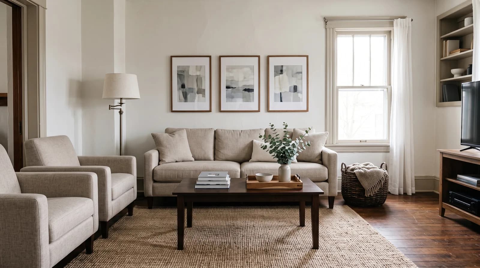 A neutrally furnished living room in an older house set up as a short-term rental