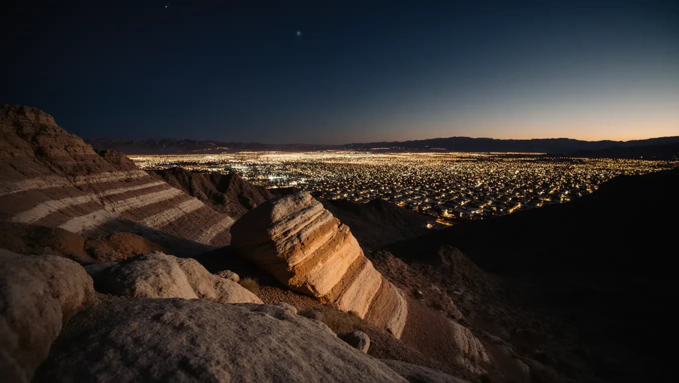 The Las Vegas valley at dusk seen from layered desert rock in the foothills