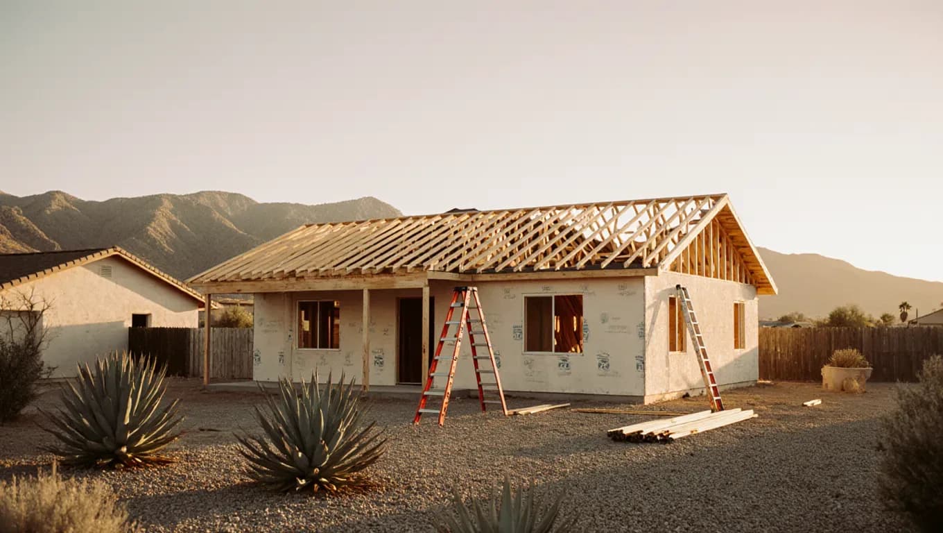 A single-family house in a Las Vegas desert suburb mid-renovation at golden hour