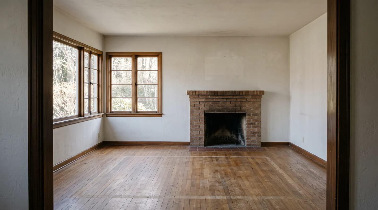 An empty living room in an unoccupied older house, bare floors and a brick fireplace